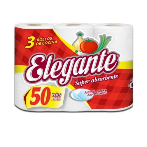 ELEGANTE ROLLOS DE COCINA SUPER ABSORBENTE 50 PAÑOS 3 UNDS