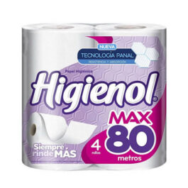 HIGIENOL PAPEL HIGIENICO  RINDEMAS MAX 4 ROLLOS HOJA SIMPLE 80M X 10CM C/U