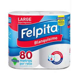FELPITA PAPEL HIGIENICO BLANQUISIMO 80 METROS POR ROLLO 4 ROLLOS HOJA SIMPLE DE 80 M X 10 CM C/U